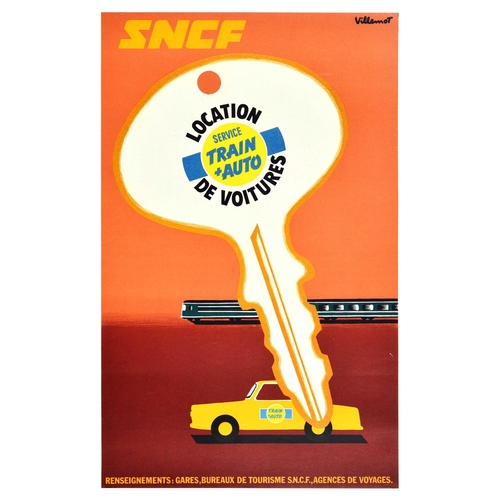 73 - Advertising Poster SNCF France Train Auto Villemot Midcentury Modern Railway. Original vintage trave... 