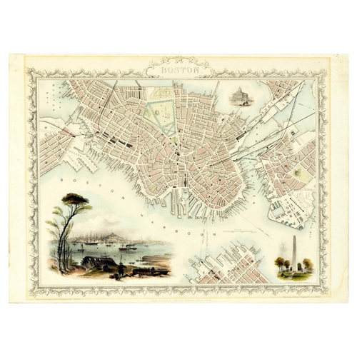 178 - Antique Engraving Poster Boston Illustrated Map Plan John Tallis. Original antique illustrated map o... 