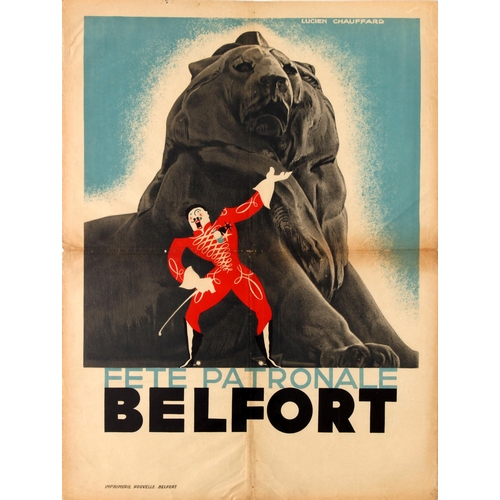 Travel Poster Belfort Festival Art Deco. Original vintage travel advertising poster for the Belfort Local Festival / Fete Patronale Belfort featuring a great Art Deco design of a circus lion tamer wearing a bright red outfit with white gloves and black boots and holding a whip in one hand, pointing towards the Belfort lion sculpture against a blue sky background with the text below in stylised letters. Belfort is located in north east France; the Lion of Belfort is a huge sandstone sculpture that was completed in 1880 by the French sculptor Frederic Auguste Bartholdi (1834-1904), most noted as the sculptor of the Statue of Liberty. Printed by Imprimerie Nouvelle, Belfort. Fair condition, folded as issued, repaired folds and tears, staining and creases. France,1930s. Designer: Lucien Chauffard. Size (cm):80x60