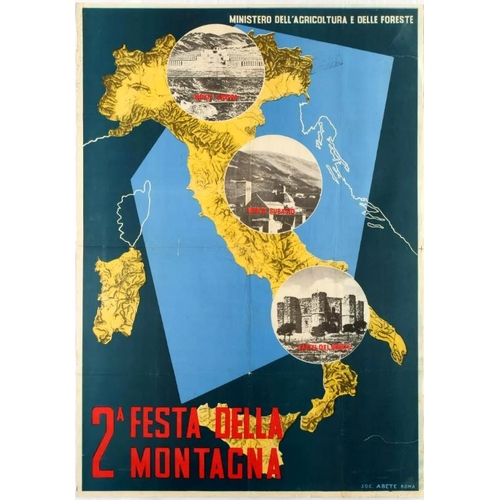 Travel Poster Mountain Festival Italy Grappa. Original vintage travel advertising poster 2nd Mountain Festival Rome. Fair condition, folded, tears on folds and margins, rusty spots in upper left corner. Country: Italy. Year: 1948. Designer: Unknown. Size (cm): 99.5 x 70