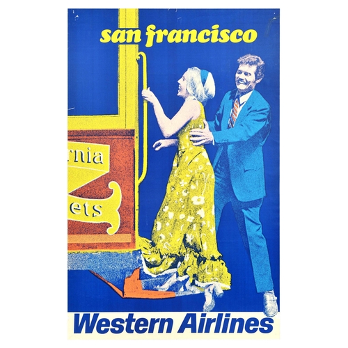 Travel Poster Western Airlines San Francisco California USA. Original vintage travel poster advertising Western Airlines flights to San Francisco. Great illustration depicting a smiling man in a suit helping a laughing lady onto a cable car tram with the bold blue background contrasting with the lady's floral yellow summer dress, the stylised text above in yellow and below in blue. The California based airline Western Airlines was formed in 1925 with its headquarters in LA, serving routes in the western United States and western Canada, New York City, Boston, Washington D.C. and Miami on the east coast, Mexico and a few international destinations; the company merged with Delta Air Lines in 1987.  Good condition, tears, paper losses, pinholes, creasing, tape on top right corner. Country of issue: USA, designer: Unknown, size (cm): 99x64, year of printing: 1960s.