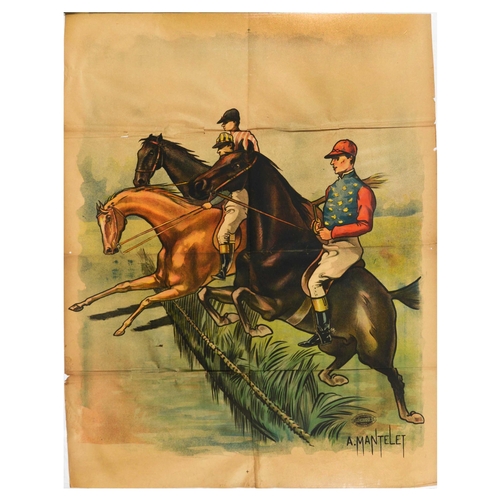 Sport Poster Horse Race Steeplechase Jockey. Original vintage sport poster for horse racing featuring an illustration of jockeys riding horses jumping over a fence, stamp of Affiches Camis Paris and signature in print in the bottom right corner. Fair condition, folds, creasing, tears, staining, paper losses  Country of issue: France, designer: A. Mantelet, size (cm): 125x100, year of printing: 1900s.