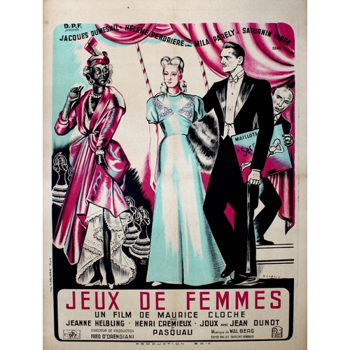 Movie Poster Jeux de Femmes Women Games. Original vintage movie poster for a comedy directed by the award-winning French film director, screenwriter and producer, Maurice Cloche, Women's Games (Jeux de Femmes), starring Jacques Dumesnil, Helene Perdriere and Saturnin Fabre. Image featuring an elegantly dressed lady and gentleman in a theatrical stage setting with dancers in the background.  Good condition, restored folds and minor tears, backed on linen. Country of issue: France, designer: P. Cazaux, size (cm): 80x60, year of printing: 1946.