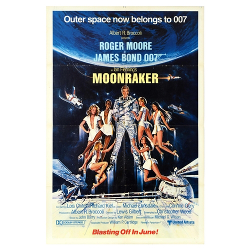 Movie Poster James Bond 007 Moonraker. Original vintage cinema poster for the 007 James Bond movie, Moonraker, starring Roger Moore, Lois Chiles (Holly Goodhead), Michael Lonsdale (Hugo Drax) and Richard Kiel (Jaws) with the title song performed by Shirley Bassey for her third and last time. Dynamic image of James Bond in outer space wearing a space suit and holding a gun surrounded by Bond girls in white tunic dresses zooming up from a space station below with space ships in the background and the earth above.  Fair condition, fold marks, tears, creasing, minor staining, small paper losses on edges, pinholes. Country of issue: USA, designer: Daniel Goozee, size (cm): 104x69, year of printing: 1979.