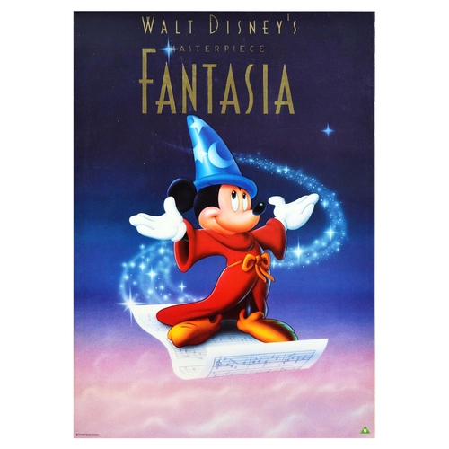 Movie Poster Fantasia Mickey Mouse Walt Disney. Original vintage poster movie poster for Walt Disney's masterpiece Fantasia, a 1940 animated musical anthology film produced by Walt Disney Productions, the poster features an illustration of Mickey Mouse in a red robe and blue magicians hat with moon and stars floating on a music sheet above pink clouds. Good condition, creasing, browning, title in reflective silver. Country of issue: USA, designer: Unknown, size (cm): 84x60, year of printing: 1990s.