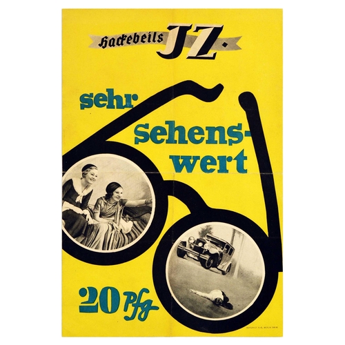 54 - Advertising Poster Hackebeils JZ Glasses Road Accident. Original vintage advertising poster for Hack... 