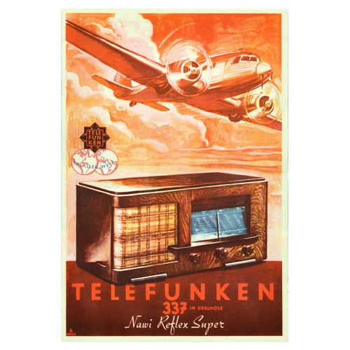 Advertising Poster Telefunken Radio 337 Art Deco Nawi Reflex Super. Original vintage advertising poster flyer for Telefunken 337 in Edelholz Nawi Reflex Super radio set with an illustration of a plane flying over the radio, the reverse of the poster features detailed information on the design and technical aspects of the radio. Very good condition, fold, ink stamp on reverse, double sided. Country of issue: Germany, designer: Unknown, size (cm): 30x20, year of printing: 1937.