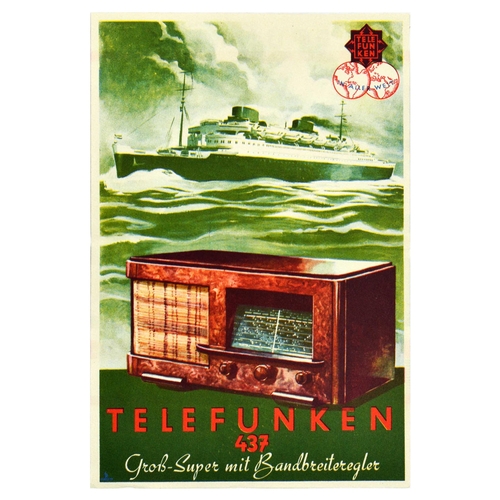 69 - Advertising Poster Telefunken Radio 437 Art Deco Steam Ship Bandwidth Control. Original vintage adve... 