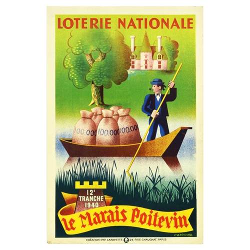 71 - Advertising Poster Loterie Nationale Marais Poitevin Boat WWII France. Original vintage advertising ... 