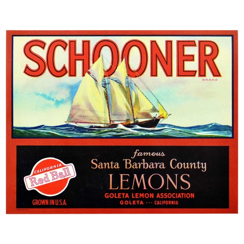 72 - Advertising Poster Schooner Lemons Fruit Ship Santa Barbara USA. Original vintage fruit crate label ... 