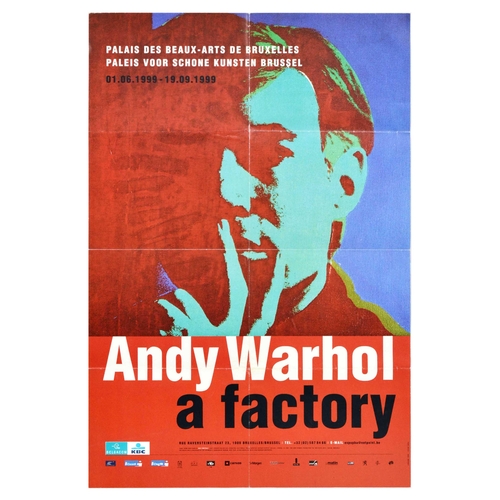 Advertising Poster Andy Warhol A Factory Retrospective Pop Art. Original vintage advertising poster for Andy Warhol A Factory art exhibition at the Palace Of Fine Arts Brussels / Palais des Beaux-Arts de Bruxelles / Paleis Voor Schone Kunsten Brussel, that took place 1 June to 19 September 1999. The poster features a retrospective image in red, blue and green colours. Good condition, fold marks, creasing. Country of issue: Belgium, designer: Unknown, size (cm): 60x40, year of printing: 1999.