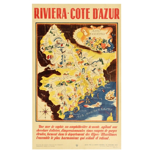 Travel Poster Riviera Cote D'Azur Pictorial Map France. Original vintage travel advertising poster for Riviera Cote d�Azur, featuring a pictorial map marking Alpes, people skiing, playing gold, swimming, sunbathing, buildings and factories on land, and ships and fish in the water, compass in the bottom left, caption below reads - A sapphire sea, an amphitheatre of mountains, waving a hair of olive trees, impressive peaks cut by narrow gorges, form in the department of the Alpes-Maritimes the most harmonious whole which seduces and retains. Published by Ministry of Public Works and Transport. General Commissariat for Tourism. Edited by the Regional Committee for Tourism, Nice. Heliochromy print by Sadag, Bellegarde. Good condition, repaired tears, crease marks, backed on linen. Country of issue: France, designer: Simone Garnier, size (cm): 100x62, year of printing: 1930s.