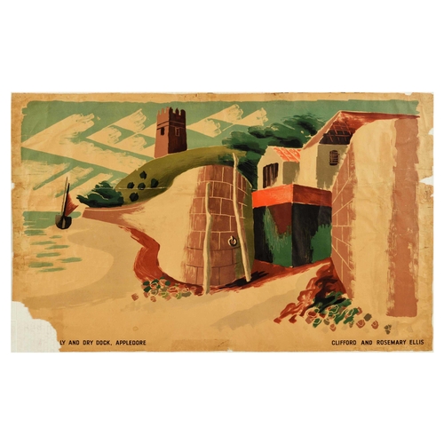 Travel Poster Chanters Folly Dry Dock Appledore Ellis Shell. Original vintage advertising poster - To Visit Britain's Landmarks You Can Be Sure Of Shell - featuring a scenic illustration by the notable British graphic artist, printmaker and art teacher Clifford Ellis (1907-1985) and his wife Rosemary Ellis (1910-1998) of Chanter's Folly And Dry Dock in Appledore on the Torridge River in Devon with a walled path and coastal house in the foreground and a pebble and sandy beach leading round to a sailing boat on the shore and a grassy hill above with the historic Chanter's Folly (1841-1952) tower and trees below a cloudy blue sky. Poor condition, several repaired tears, creasing, paper losses, staining, pinholes, tape marks, text trimmed on top and bottom. Country of issue: UK, designer: Clifford and Rosemary Ellis, size (cm): 62x100, year of printing: 1937.