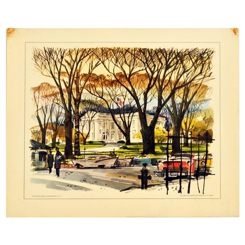 Travel Poster United Airlines The White House Washington DC. Original vintage travel advertising poster The White House Washington D.C. by United Air Lines, the poster features colourful illustration by W.D. Shaw depicting an autumn view of The White House through tall trees and blue, red, grey and yellow automobiles in the foreground. Horizontal. Good condition, tape marks, pinholes, staining, creasing, small paper loss in top left corner. Country of issue: USA, designer: W. D. Shaw, size (cm): 33x41, year of printing: 1950s.