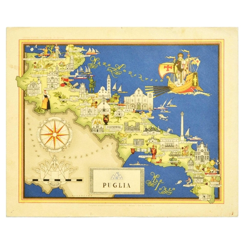 Travel Poster Puglia Apulia Bari Italy Pictorial Map. Original vintage travel advertising poster for Puglia featuring an illustrated map with a compass, castles, cathedrals, food and wine, statues, and tourist places of interest like Ionian Sea. Puglia or Apulia has its capital in Bari, the region is known for Castel del Monte and the medieval town of Ostuni. Horizontal. Good condition, creasing, staining, ink drawing on reverse. Country of issue: Italy, designer: Vsevoldo Nicouline, size (cm): 24x29, year of printing: 1950s.