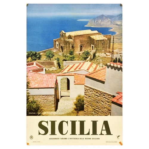 Travel Poster Sicilia Trapani Sicily ENIT Mediterranean Sea. Original vintage travel advertising poster for Sicilia featuring a photograph of Trapani - Erice Tourist Village / Trapani - Villaggio Turistico di Erice, with quaint red tile roof houses, church, and the blue Mediterranean sea framed by a rocky coast. Published by ENIT. Printed in Italy. Good condition, creasing, tears, staining, tape marks in corners, paper losses in corners. Country of issue: Italy, designer: Unknown, size (cm): 99x68, year of printing: 1960.