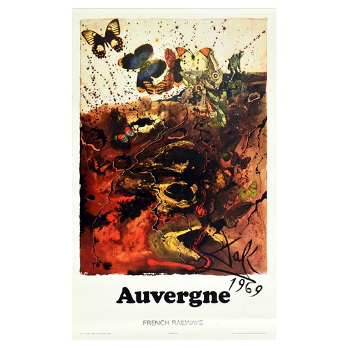 Travel Poster Auvergne SNCF Salvador Dali French Railways. Original vintage travel advertising poster for Auvergne featuring butterflies by the renowned surrealist artist Salvador Dali (1904-1989), for the SNCF French National Railways. Soci�t� nationale des chemins de fer fran�ais / French National Railway Company is France's national state-owned railway company that was founded in 1938. Very good condition, creasing, pinholes. Country of issue: France, designer: Salvador Dali, size (cm): 60x37, year of printing: 1969.