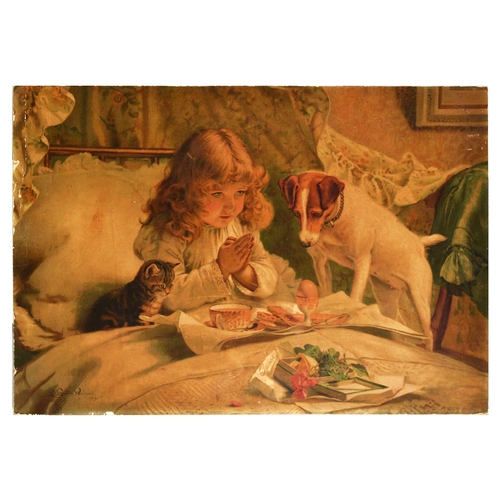 2 - Advertising Poster Girl Breakfast Prayer Dog Cat Charles Burton Barber. Original antique art print t... 