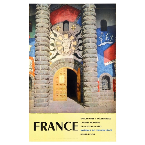 Travel Poster France Sanctuaries . Original vintage travel advertising poster for France with sanctuaries and pilgrimages, the modern church, the Assy plateau, mosaic by Fernand Leger, Haute-Savoie, the poster features an entrance decorated with columns, sun, crosses, and plant mosaic on blue background. Published by and for the French Government. Photo by Domur.  Good condition, creasing, small tears. Country of issue: France, designer: Unknown, size (cm): 99x62, year of printing: 1970s.