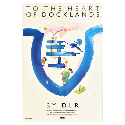 Travel Poster Waterside Docklands DLR Isle of Dogs London Transport. Original vintage London Transport travel poster advertising Docklands Light Railway Services - To the heart of docklands - Illustration by David Holmes titled The Isle of Dogs from Stratford and Tower Gateway. Very good condition, creasing, light browning. Country of issue: UK, designer: David Holmes, size (cm): 76x50, year of printing: 1990s.