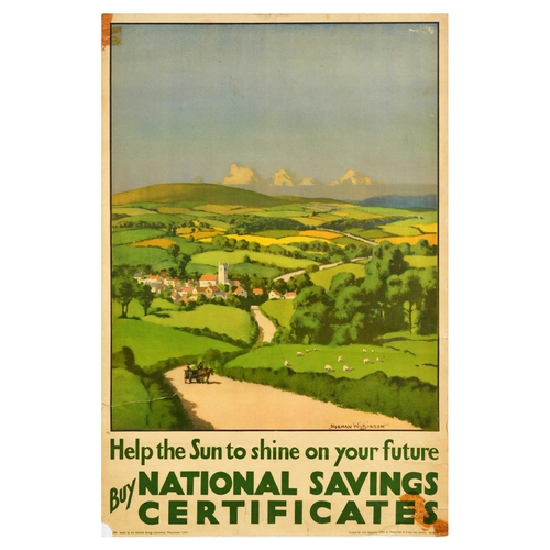 Propaganda Poster National Savings Certificates Sun Shine. Original vintage National Savings poster Help the Sun to shine on your future - Buy National Savings Certificates - Artwork by by the notable British artist and illustrator Norman Wilkinson (1878-1971) depicts a horse drawn carriage on a road that winds through lucious green fields and valleys. A village sits among trees beneath the hills in the background. Issued by the National Savings Committee, Westminster. Fair condition, creasing, tears, staining, tape on image, paper losses, paper skimming. Country of issue: UK, designer: Normal Wilkinson, size (cm): 76x51, year of printing: 1950s.