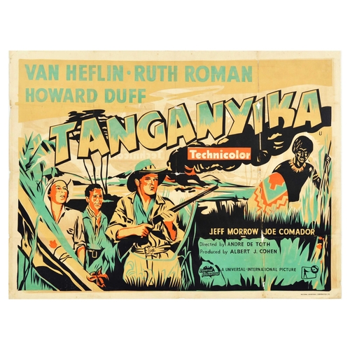 Cinema Poster Tanganyika Africa Action Adventure Explorer UK Quad. Original vintage movie poster for an action adventure film Tanganyika, directed by Andre deToth, starring Van Heflin, Ruth Roman and Howard Duff, the poster features main characters walking through tall grass, with a native East African tribesman equipped with a spear and a colourful pattern shield, stylised title lettering. Printed by National Advertising Corporation Ltd.  Silkscreen printed. Fair condition, folds, tears, paper losses, staining, creasing. Country of issue: UK, designer: Unknown, size (cm): 76x102, year of printing: 1950s.