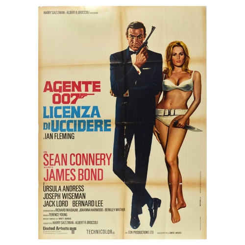 Cinema Poster 007 Licenza Di Uccidere James Bond Dr No Sean Connery. Original vintage cinema poster for the Italian re-release of a 007 film, Dr No. / Agente 007 - Licenza di uccidere. Great graphics featuring Sean Connery as James Bond in a tuxedo with and Ursula Andress as the iconic Bond girl, Honey Ryder, in a white bikini holding a knife. Poor condition, staining, folds, tears, creasing, paper losses, browning. Country of issue: Italy, designer: Unknown, size (cm): 140x100, year of printing: 1970s.