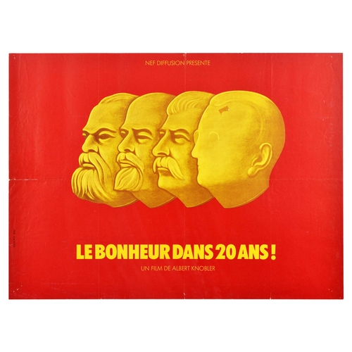 Cinema Poster Le Bonheur Dans 20Ans Czechoslovakia Communism Happy Years Knobler Documentary. Original vintage documentary film poster for Le Bonheur Dans 20 Ans! / Happiness in 20 years! a 1971 film by Albert Knobler � featuring an illustration in yellow of Friedrich Engels, Vladimir Lenin, Joseph Stalin, and Klement Gottwald (the first leader of Communist Czechoslovakia), set over red background. The movie retraces the history of Czechoslovakia. Horizontal. Good condition, folds, tears, creasing, pinholes.  Country of issue: France, designer: Unknown, size (cm): 59x69, year of printing: 1971.