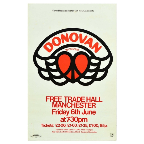 80 - Advertising Poster Donovan Free Trade Hall Music Concert Manchester. Original vintage advertising po... 