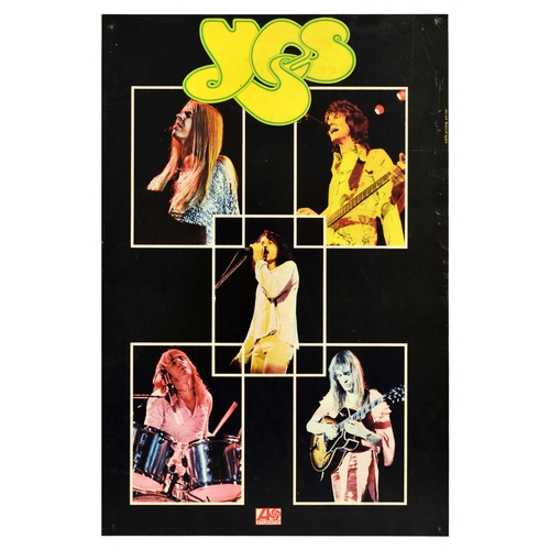 Advertising Poster Yes Rock Band Atlantic Records. Original vintage advertising poster for Yes featuring photographs of the piano, guitar, bass guitar, vocals, and drums band members set over black background. Yes are an English progressive rock band, it was formed in 1968 in London by Jon Anderson, Chris Squire, Peter Banks, Tony Kaye and Bill Brufford. Printed by Traffic Printing. Good condition, crease marks, small tears on edges. Country of issue: UK, designer: Unknown, size (cm): 60x41, year of printing: 1970s.