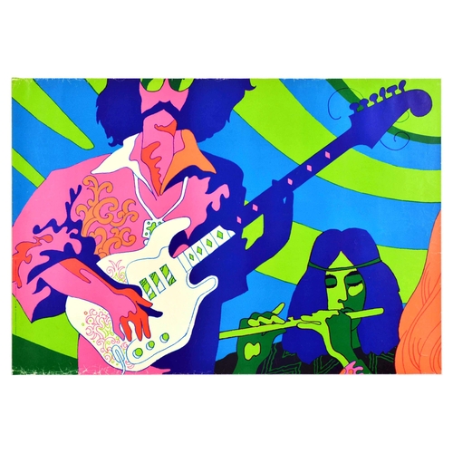 Advertising Poster Beat Group Psychedelic Guitar Music. Original vintage advertising poster featuring a bright colourful illustration titled Beat Group by K. Olsen, depicting a guitar player in a pink floral pattern shirt and sunglasses and a person playing the flute, set over psychedelic blue and green coloured background. Horizontal. Good condition, crease marks, tears. Country of issue: Denmark, designer: K. Olsen, size (cm): 85x59, year of printing: 1971.
