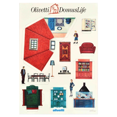 Advertising Poster Olivetti Domuslife Ettore Sottsass. Original vintage advertising poster Olivetti DomusLife, featuring interior design and household elements � table, refrigerator, rug, bookshelf, computer, bed, cupboard, kitchen, lamp, and people in form of cut-outs set over white background. The Italian company Olivetti (founded 1908) produced type-writers, calculators and computers; the company employed the best commercial artists and graphic designers to create posters for their marketing campaigns. Excellent condition. Country of issue: Italy, designer: Ettore Sottsass, size (cm): 69x49, year of printing: 1990s.