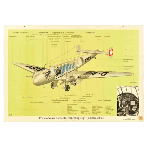 Travel Poster Junkers Ju 86 Plane Aircraft Monoplane Bomber . Original vintage travel poster for Junkers Ju 86 A modern fast defence aircraft / Ein modernes Schnellvertehrslugzeug Junkers Ju 86, the poster features an image of the plane cut out design showing the pilot and passengers in the cabin of the aircraft, and an inset showing the pilots panel, set over light green background. Junkers Ju 86 was designed by Ernst Zindel, it was used as a monoplane bomber in the World War Two and as a civilian airliner by Swissair, Deutsche Luft Hansa, and Aerotransport between 1934 and 1958. Horizontal. Good condition, staining, creasing, punched holes with metal ringlets, foxing, paper sticker on bottom right corner. Country of issue: Germany, designer: Pfeiffer, size (cm): 63x91, year of printing: 1937.