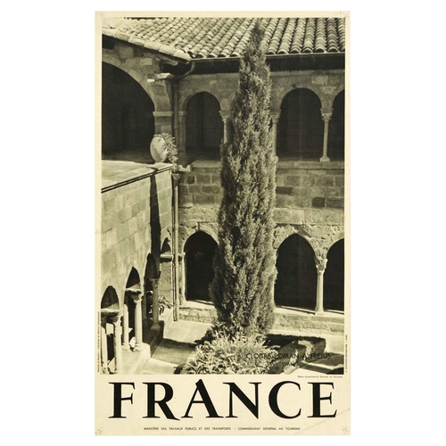 Travel Poster France Roman Cloister Frejus Var Cloitre Roman. Original vintage travel poster for France featuring a photograph of Cloitre Roman a Frejus (Var) / Roman cloister in Frejus commune of Var department with arches and tiled roof and a tall tree in the centre of the image. Published by Ministry of Public Works and Transport Commissioner General for Tourism. Printed by E. Desfosses Neogravure, Paris, France.  Good condition, creasing, staining, pinholes, tears. Country of issue: France, designer: Unknown, size (cm): 80x48, year of printing: 1950s.