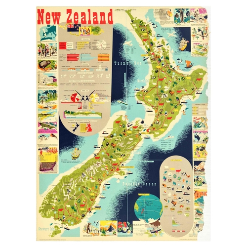 Travel Poster New Zealand Illustrated Map. Original vintage travel poster for New Zealand, featuring a great colourful pictorial map of North, South and Stewart islands, surrounded by the Pacific Ocean, with informative insets with statistics on the population, birth rate, infant death rate, life expectancy, education, livestock population, value of production 1949-1950, trade in 1950, geographical features, comparison of populations of New Zealand and United Kingdom; image insets showing the map of New Zealand, Treaty of Waitangi, kiwi bird, Parliament, sub-tropical trees, tuatara, mountaineers, Maori canoe prow, war effort, major places of interest and a key to the pictorial map. Produced by Publicity Division, Department of Tourism and Publicity, N.Z. Government. Printed in Great Britain. Poor condition, several paper losses on right edge, creasing, tears. Country of issue: UK, designer: H. Mallitte, size (cm): 102x75, year of printing: 1951.