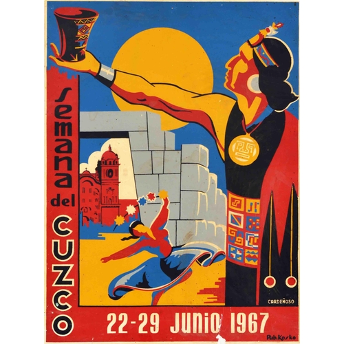 Travel Poster Cuzco Peru Cusco Andes Inca Empire Machu Picchu. Original vintage travel advertising poster for Semana del Cuzco / Cusco Week 22-29 June 1967 featuring a great design depicting a man in traditional Inca ornate clothing raising a cup above a city, a dancing lady, and big yellow sun in blue sky. Cusco is the fourth largest department in Peru, it is the historical capital of the Inca Empire.  Good condition, staining, tears, paper loss on bottom edge, pinholes. Country of issue: Peru, designer: Cardenoso, size (cm): 60x45, year of printing: 1967.