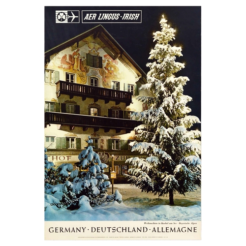 Travel Poster Germany Aer Lingus Kochel Am See Christmas. Original vintage travel poster Germany � Deutschland � Allemagne by Aer Lingus Irish Air Lines, featuring a photograph titled Christmas in Kochel am See Bavarian Alps depicting a stunning building of Gasthof zur Post hotel with a large fir tree in front of it. Founded 1936 Aer Lingus is the flag carrier airline of Ireland.  Very good condition, creasing. Country of issue: Germany, designer: Unknown, size (cm): 75x50, year of printing: 1960s.