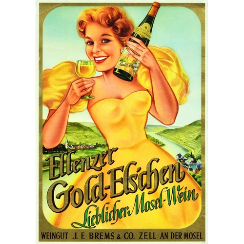 25 - Advertising Poster Ellenzer Gold Elschen Mosel Wine Zell Germany. Original vintage advertising poste... 