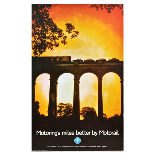 Travel Poster Motorail British Railways Arched Bridge. Original vintage travel advertising poster � Motoring�s miles better by Motorail � by British Railways, featuring a photograph of automobiles crossing a tall arched bridge on the train. Motorail services were introduced in 1955, they carried passengers and their cars until 1995. Printed in England by St.Michaels Press Ltd., London. Good condition, creasing, restored tears, minor staining. Country of issue: UK, designer: Unknown, size (cm): 102x63, year of printing: 1980s.