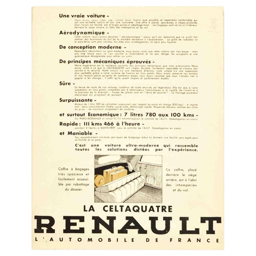 28 - Advertising Poster Renault Celtaquatre Art Deco France Automobile. Original vintage double-sided fly... 