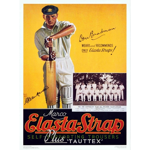 Sport Poster Set Australian Cricket Don Bradman Team Signed Western Warriors Australia. Set of three vintage sport poster promoting Australian cricket. 1. Vintage reproduction advertising poster for Marco Elasta-Strap self-supporting trousers � Don Bradman wears and recommends only Elasta Straps! � featuring an illustration of an Australian cricketer Sir Donald George Bradman (1908-2001) and a photograph of the 1938 Australian team with their names listed below the photo. Produced from original artwork of an Australian commercial artist Walter Jardine (1884-1970). Very good condition, creasing, hand signed with marker pen. Country of issue: Australia, designer: Walter Jardine, size (cm): 62x45, year of printing: 1993; 2. Western Warriors cricket team � The Quest Continues. Watch if, feel it, do it - featuring an illustration of a warrior in metal armour holding up a sword seen standing in the field with red fire and smoke behind him and images of the team members in the sky. Western Warriors is the Western Australia Men�s cricket team, it was founded in 1893. A limited edition print 41 of 500. Very good condition, creasing, hand signed over each team member photo with marker pen. Country of issue: Australia, designer: Unknown, size (cm): 85x65, year of printing: 1990s; 3. Western Warriors cricket team � The Quest Continues. Watch if, feel it, do it - featuring an illustration of a warrior in metal armour holding up a sword seen standing in the field with red fire and smoke behind him and images of the team members in the sky. Western Warriors is the Western Australia Men�s cricket team, it was founded in 1893. Town & Country Bank logo below. Excellent condition, hand signed over each team member photo with marker pen. Country of issue: Australia, designer: Unknown, size (cm): 57x43, year of printing: 1990s.