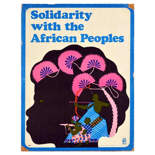 Propaganda Poster Cuba Solidarity African Peoples OSPAAAL. Original vintage propaganda poster Solidarity with the African People featuring an illustration of a woman with a child behind her back holding a rifle and a man with a bow and an arrow both dressed in traditional clothing standing under a pink palm tree set over a black outline of a face. Issued by OSPAAAL - Organization of Solidarity of the People of Asia, Africa & Latin America is a Cuban political movement that was founded in Havana in 1966. Poor condition, tears, creasing, paper losses, staining, backed on cardboard. Country of issue: USA, designer: Unknown, size (cm): 56x43, year of printing: 1960s.