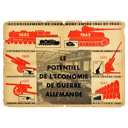 War Poster German War Economy Armament WWII Tank Combat Allemande. Original vintage World War Two poster issued in the Nazi occupied France. The Potential of the German War Economy / Le Potentiel de l'Economie de Guerre Allemande, featuring illustrations in red with numbers showing the increase in production of armament between 1941 and 1943: Locomotives 1 to 3, Combat Tanks 1 to 12.5, Champagne Howitzers 1 to 4, Lourse DCA 1 to 3.15, Anti-tank guns 1 to 6, Ammunition 1 to 6.3. Horizontal. Fair condition, several paper losses, tears, folds, creasing, browning, staining, foxing. Country of issue: France, designer: Unknown, size (cm): 84x60, year of printing: 1940s.