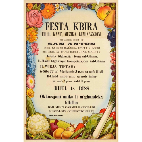 39 - Advertising Poster Festa Kbira Malta Fruit Vegetable Flower Party. Original vintage advertising post... 