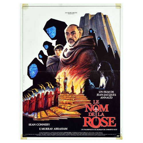 Movie Poster Le Nom De La Rose Name Of A Rose Connery Umberto Eco. Original vintage movie poster for the French release of  Le Nom de la Rose / The Name of the Rose, a 1986 historical mystery film directed by Jean-Jacques Annaud, based un Umberto Eco novel, starring Sean Connery and Murray Abraham, the poster features an illustration of monks climbing the stairs made of books to people tied up on poles, black cloak figures with blue faces and an abbey set over white background. Fair condition, folds, creasing, tape on corners, pinholes, staining. Country of issue: France, designer: Unknown, size (cm): 54x40, year of printing: 1980s.