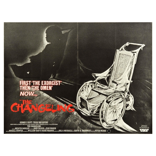 Movie Poster The Changeling Supernatural Horror Haunted. Original vintage movie poster for The Changeling, a Canadian supernatural psychological horror film, directed by Peter Medak, starring George C. Scott and Trish Van Devere, the poster features an illustration of a cobweb covered empty wheelchair with the shadow showing a silhouette of a person in the wheelchair, white and red stylised lettering on the image. Horizontal.  Good condition, folds, pinholes, minor staining. Country of issue: UK, designer: Unknown, size (cm): 76x102, year of printing: 1980.