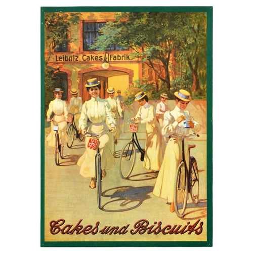 Advertising Poster Leibniz Cakes And Biscuits Cookie Vintage Reproduction. Vintage reproduction poster for Leibniz Cakes Fabrik Cakes und Biscuits featuring great 1900s design depicting smiling ladies on bicycles carrying Leibniz biscuit boxes with the building of Leibniz cake factory store behind them. Leibniz-Keks is a German brand of cookies that is produced by Balsen since 1891. Good condition, pinholes, paper skimming, bumps on edges. Country of issue: Germany, designer: Unknown, size (cm): 62x44, year of printing: 1970s.