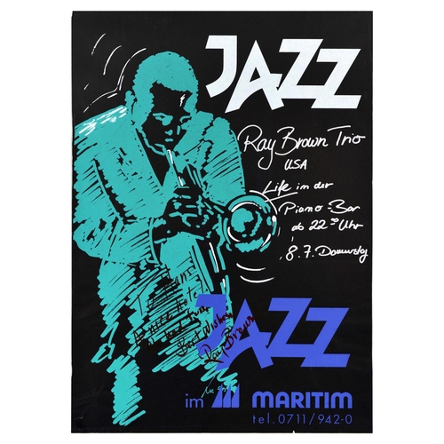 Advertising Poster Jazz Ray Brown Trio Hand Signed by Musician. Original vintage advertising poster for Ray Brown Trio Jazz concert in Maritim hotel featuring a silhouette in green set over black background. Raymond Matthews Brown (October 13, 1926 - July 2, 2002) was an American jazz double bassist, known for his extensive work with Oscar Peterson and Ella Fitzgerald. He was also a founding member of the group that would later develop into the Modern Jazz Quartet. Hand written note in marker pen on the poster: To Hans, a nice hotel, had fun. Best wishes, Ray Brown. Good condition, creasing, small tears, tape on bottom left corner, hand written text in silver in, signed with a personal message from Ray Brown in dark red ink. Country of issue: Germany, designer: Unknown, size (cm): 84x60, year of printing: 1982.