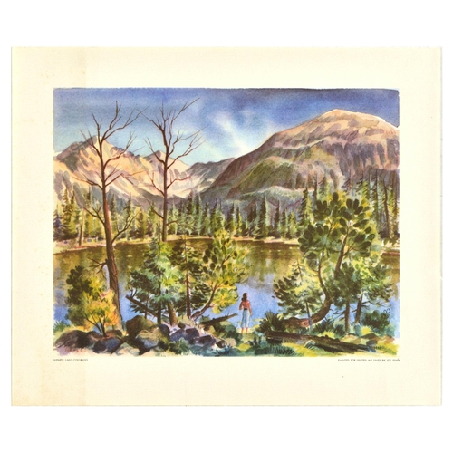 Travel Poster United Airlines Nymph Lake Colorado. Original vintage travel poster titled Nymph Lake, Colorado painted for United Air Lines by Joe Feher (1908-1987) featuring a colourful mid-century image of a lady admiring the beauty of a mountain surrounded lake framed with lush green trees, text in small lettering in the margin below. Nymph Lake is set in Rocky Mountain National Park. Horizontal.  Good condition, creasing, staining, foxing. Country of issue: USA, designer: Joe Feher, size (cm): 33x40, year of printing: 1950s.