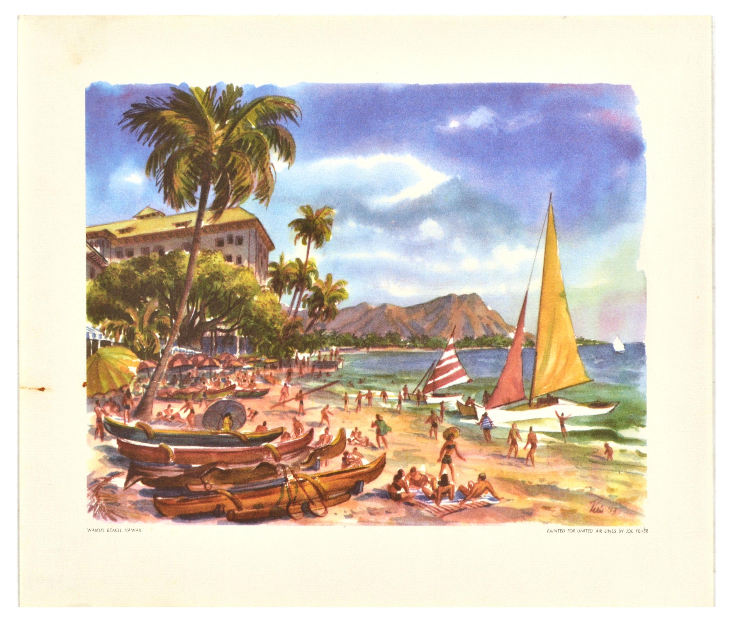 Travel Poster United Airlines Waikiki Beach Hawaii Joe Feher. Original ...